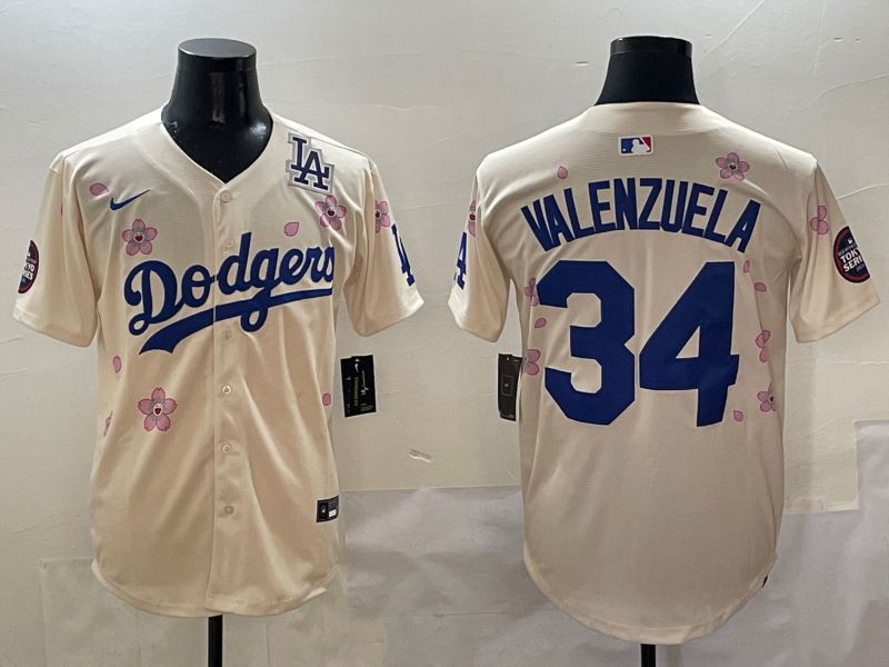 Men Los Angeles Dodgers #34 Valenzuela Cream White Blue Sakura Edition 2025 Nike MLB Jersey style 9